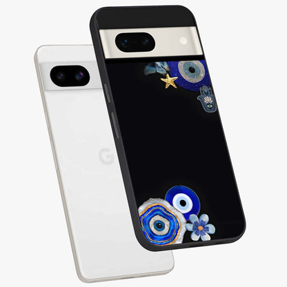 Aesthetic Blue Evil Eye Glass Case displayed in angled mockup highlighting blue evil eye symbol and spiritual aesthetic design.