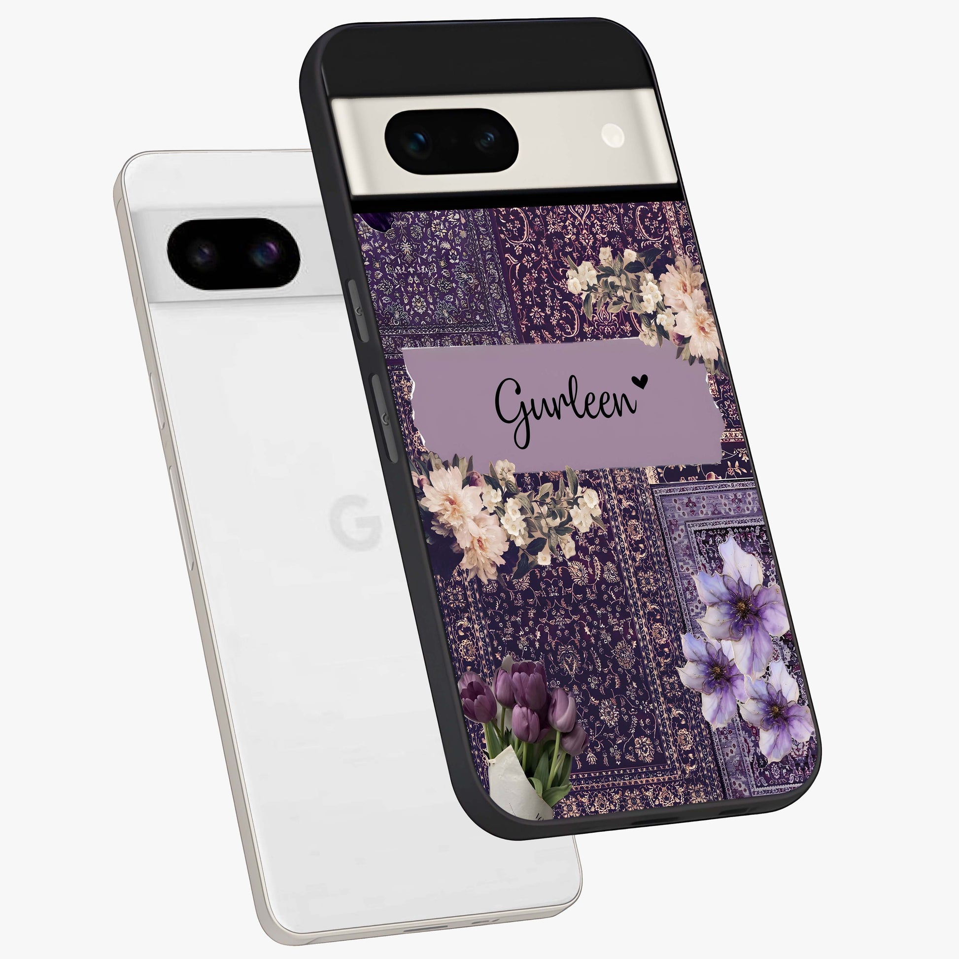 Antique Floral Whisper Custom Name Glass Case displayed in angled mockup highlighting elegant antique floral aesthetic.