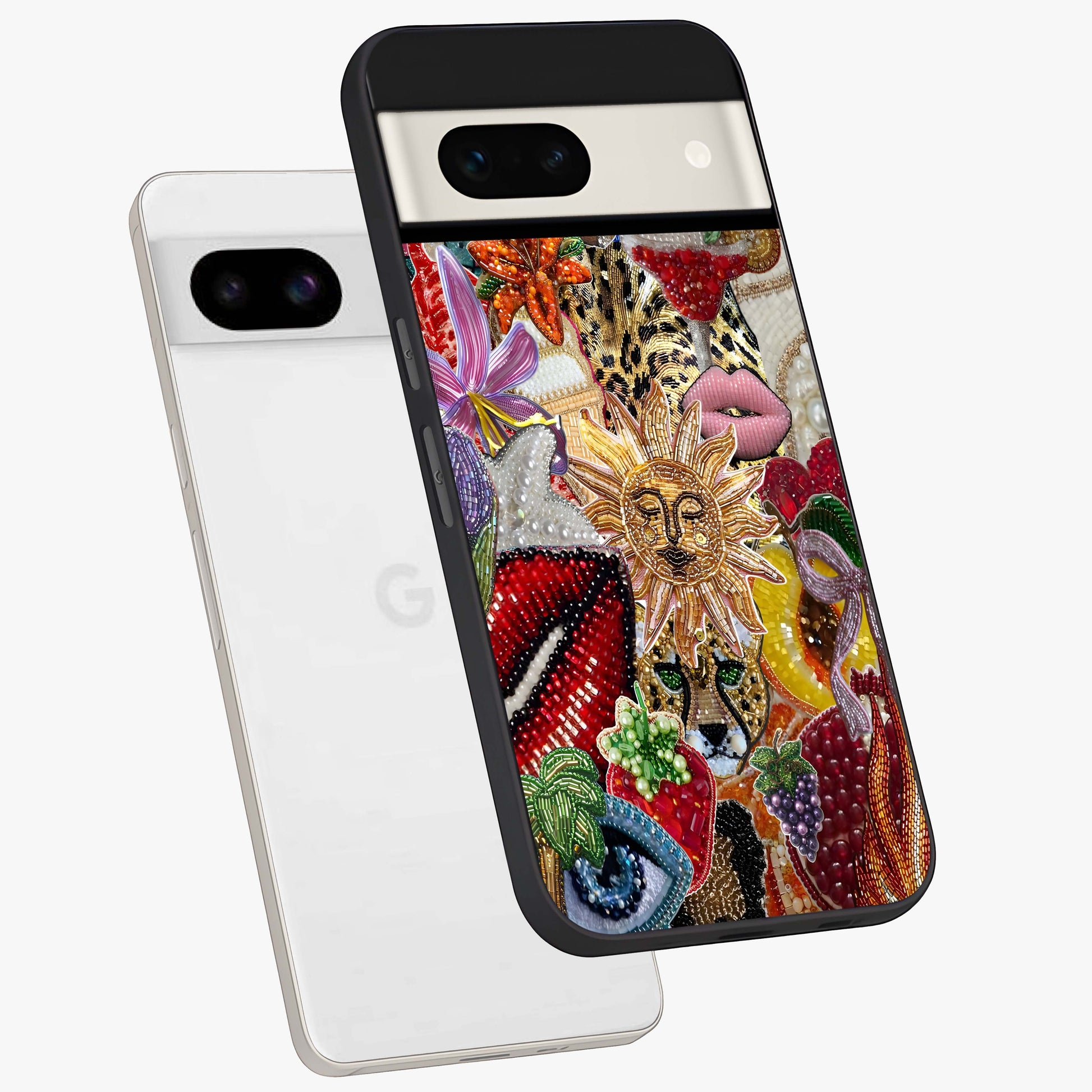 Beaded Fashion Jungle Glass Case displayed in angled mockup highlighting colorful fashion bead design and artistic pattern.