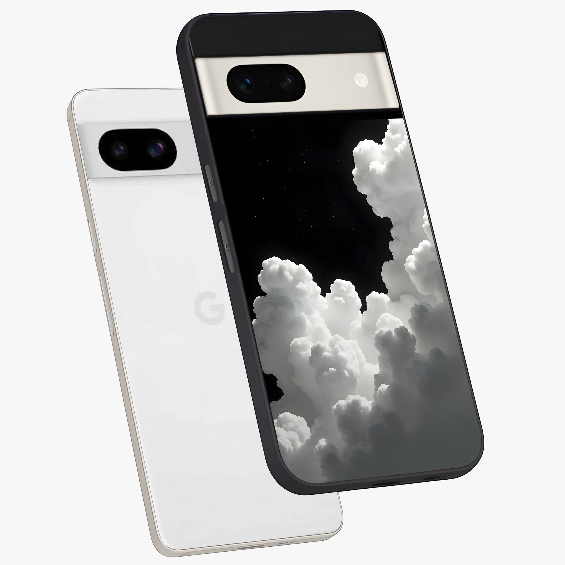 Black Background With White Cloud Glass Case displayed in angled mockup highlighting soft white cloud illustration and minimal design.