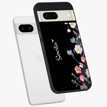 Black Elegance Floral Custom Name Glass Case displayed in angled mockup highlighting dark floral aesthetic and custom name feature.
