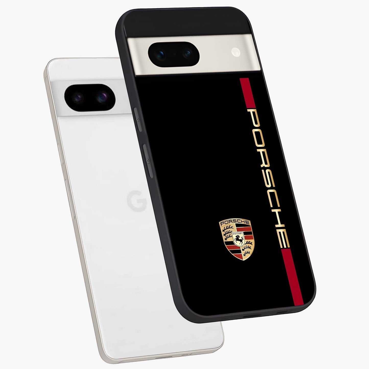 Black Minimal Porsche Glass Case displayed in angled mockup highlighting modern minimal car illustration and clean aesthetic design.