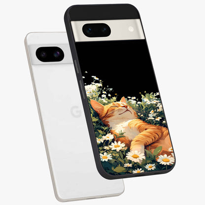 Blissful Bloom Cat Glass Case displayed in angled mockup highlighting playful feline illustration with soft floral aesthetic.