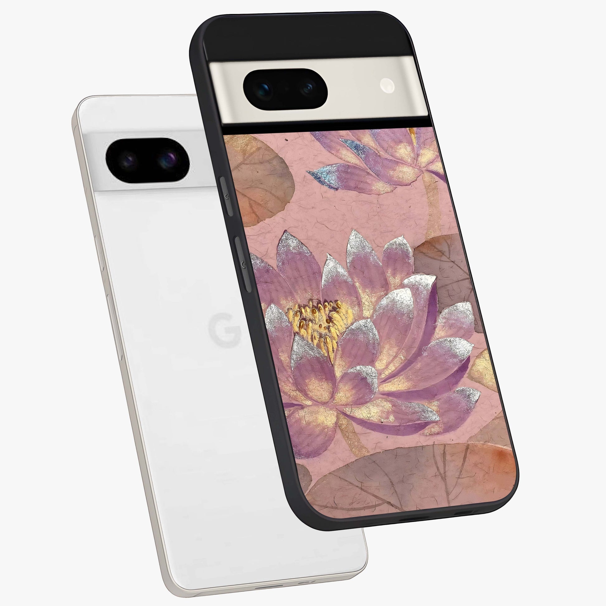 Blossom Mist Lotus Glass Case displayed in angled mockup highlighting delicate lotus illustration with calm aesthetic theme.
