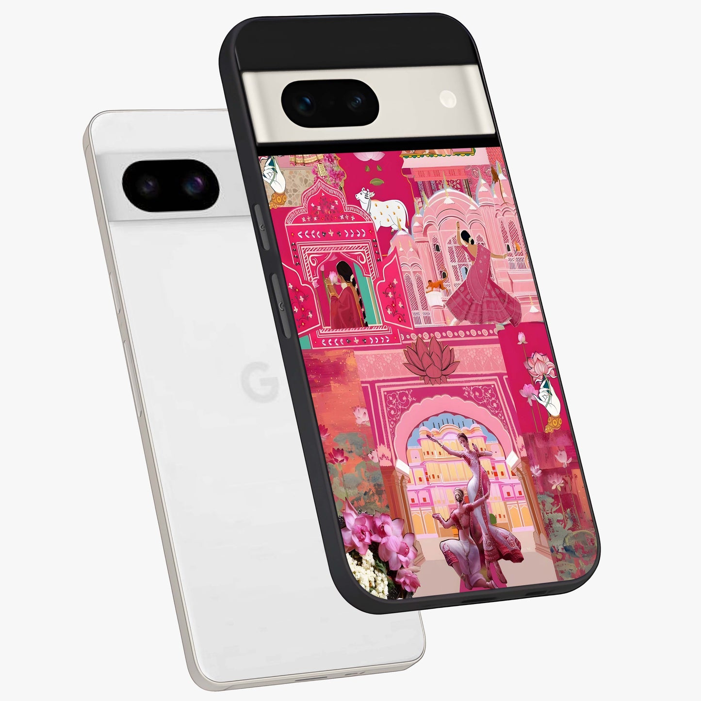 Blossoms of Rajasthan Glass Case displayed in angled mockup highlighting vibrant floral pattern with cultural aesthetic style.