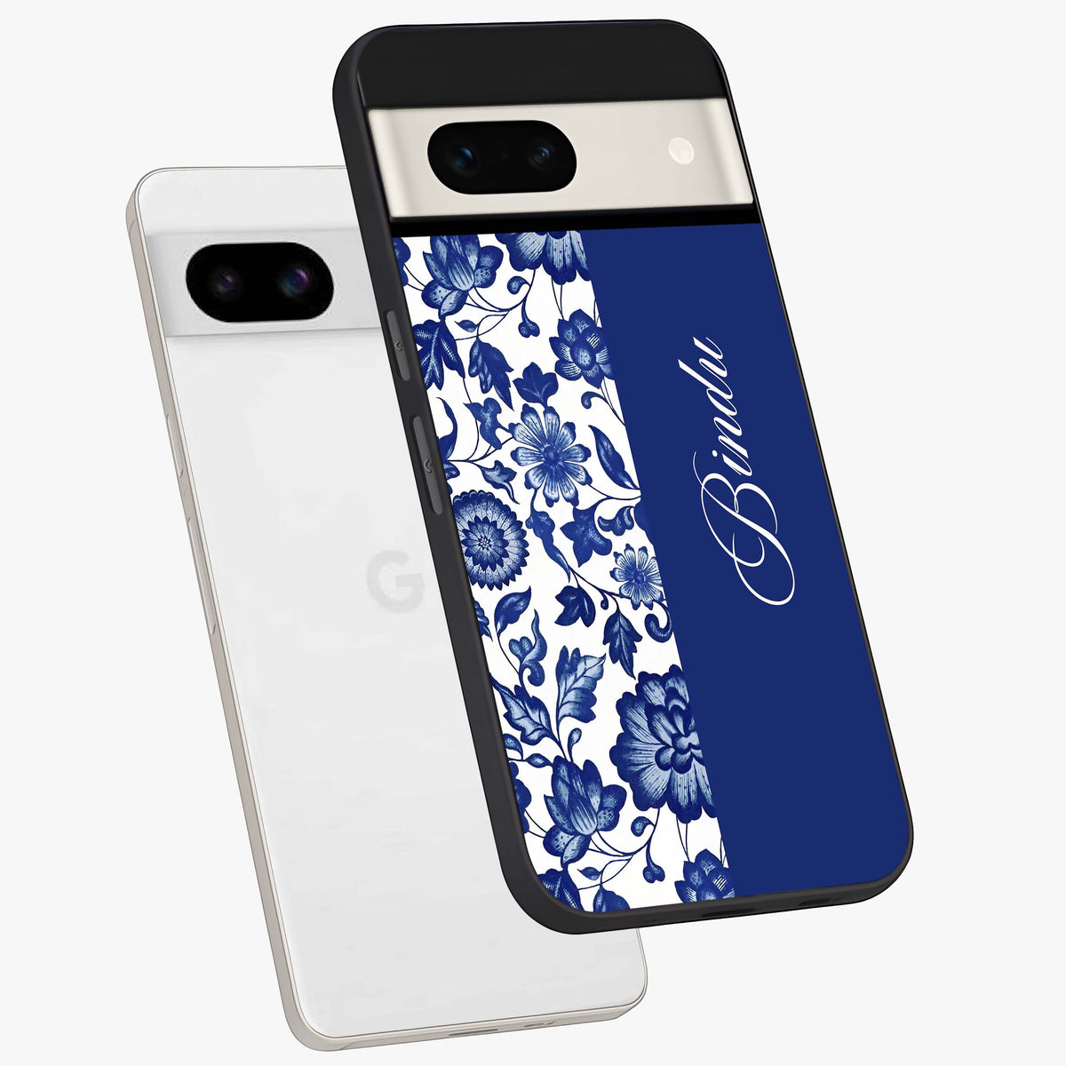 Blue Vintage Floral Pattern Glass Case displayed in angled mockup highlighting subtle bloom pattern with aesthetic pastel design.
