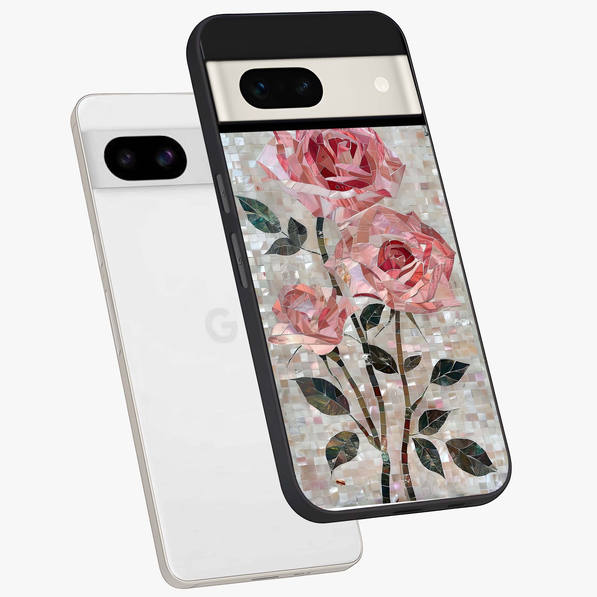 Blush Mosaic Bloom Glass Case displayed in angled mockup highlighting artistic mosaic flower pattern with aesthetic design.