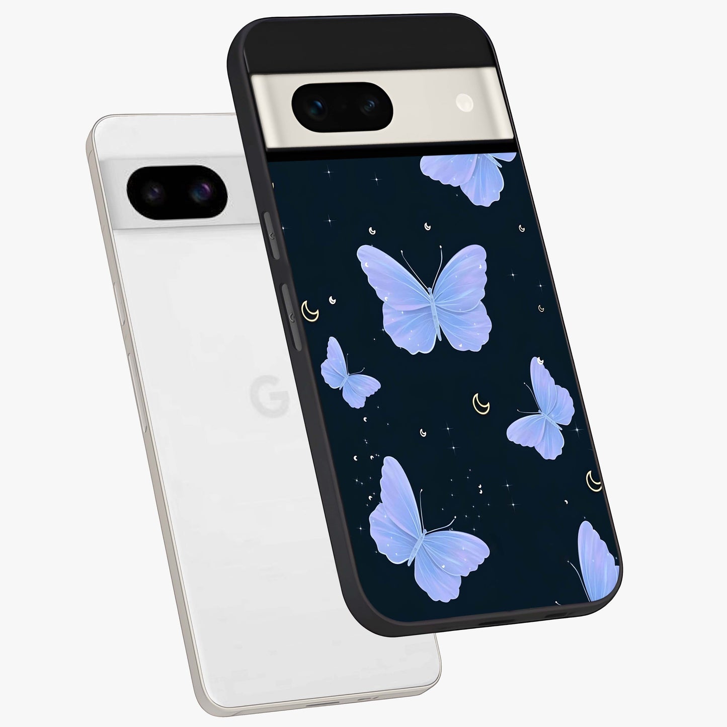 Butterfly With Stars Pattern Glass Case displayed in angled mockup highlighting dreamy butterfly and star design with aesthetic theme.