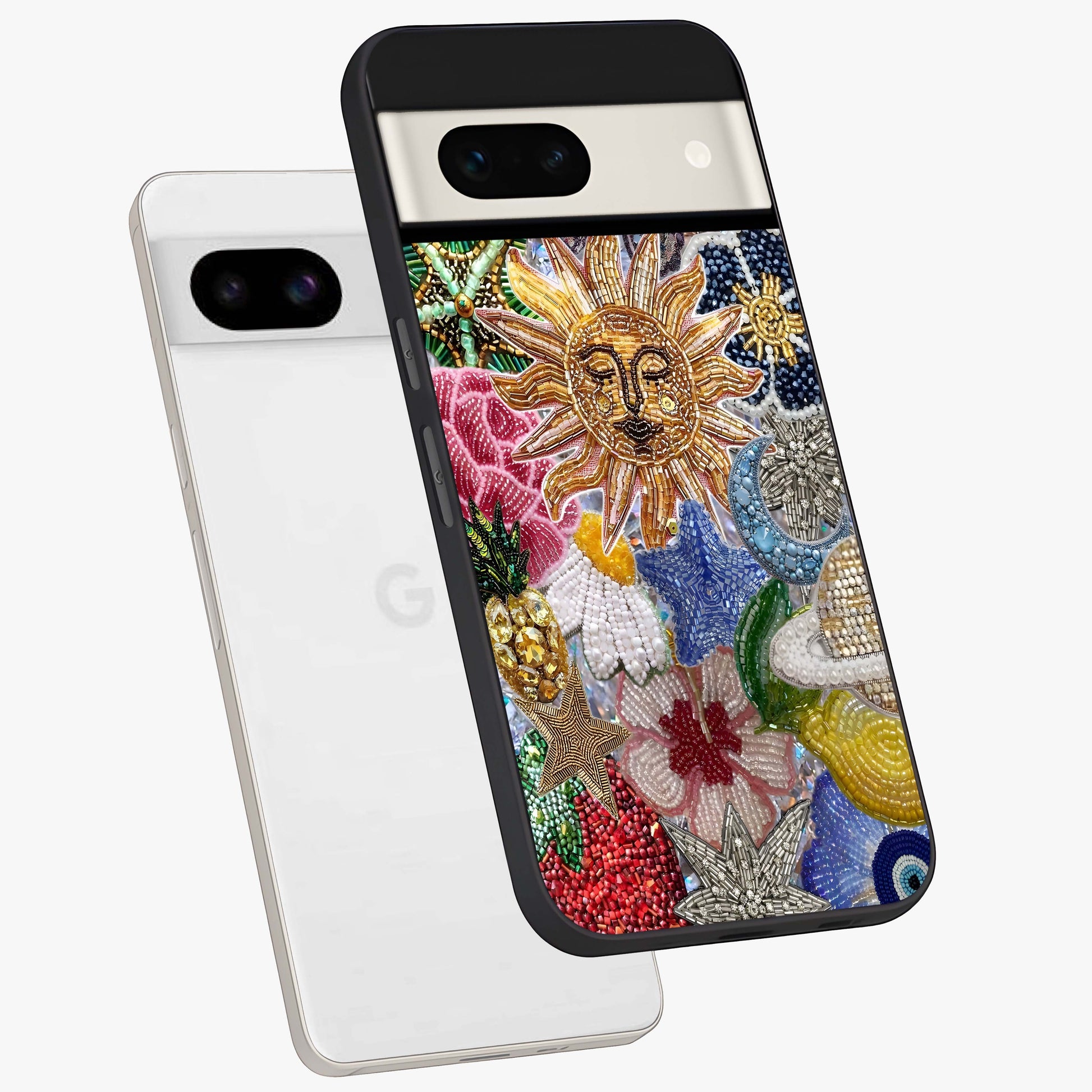 Celestial Floral and Playful Glass Case displayed in angled mockup highlighting playful floral design with dreamy celestial elements.