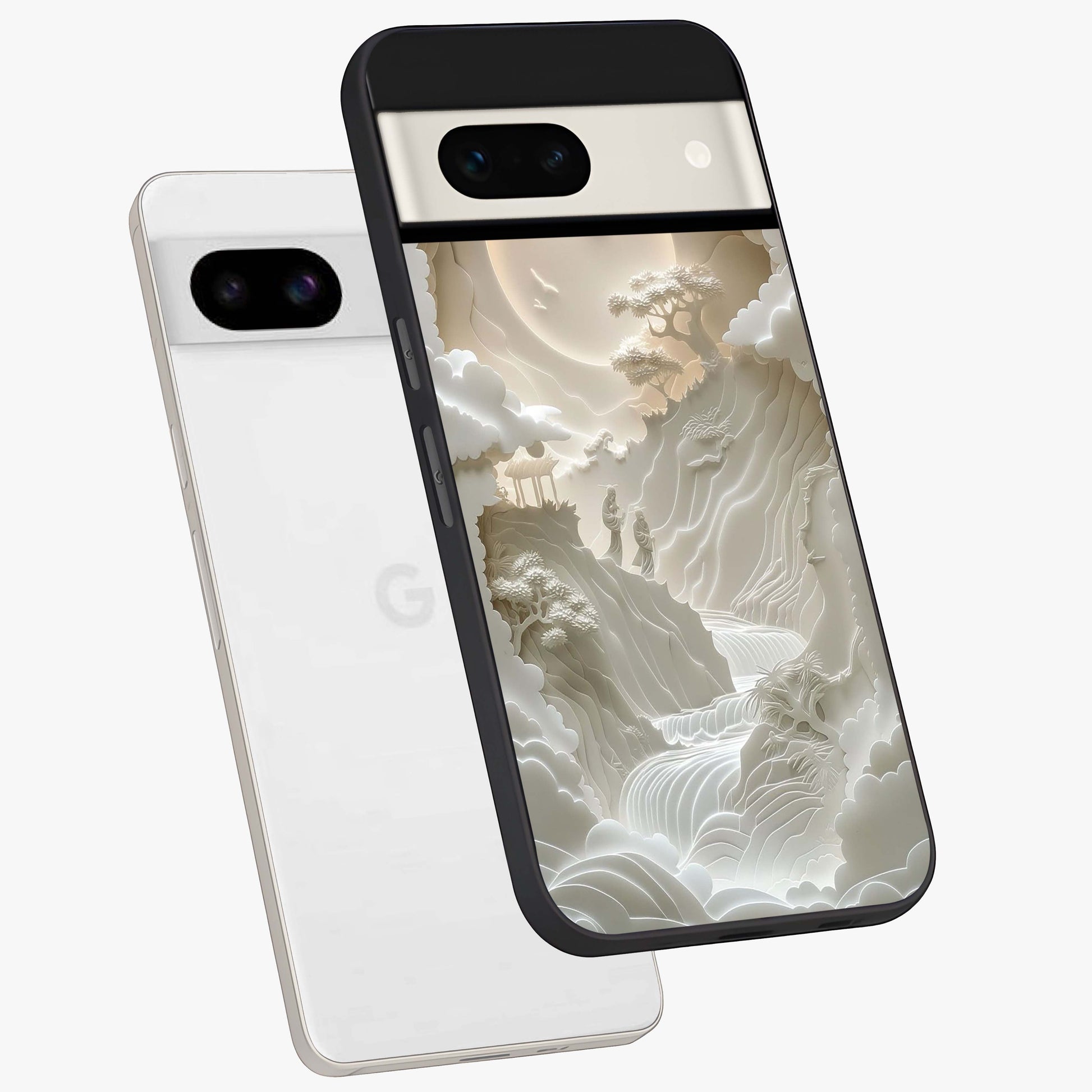 Celestial Origami Glass Case displayed in angled mockup highlighting geometric origami design with cosmic aesthetic theme.
