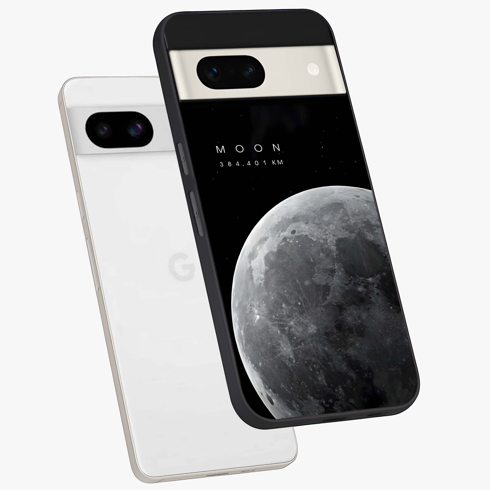 Cosmic Moon Glow Glass Case displayed in angled mockup highlighting celestial moon design with cosmic aesthetic theme.