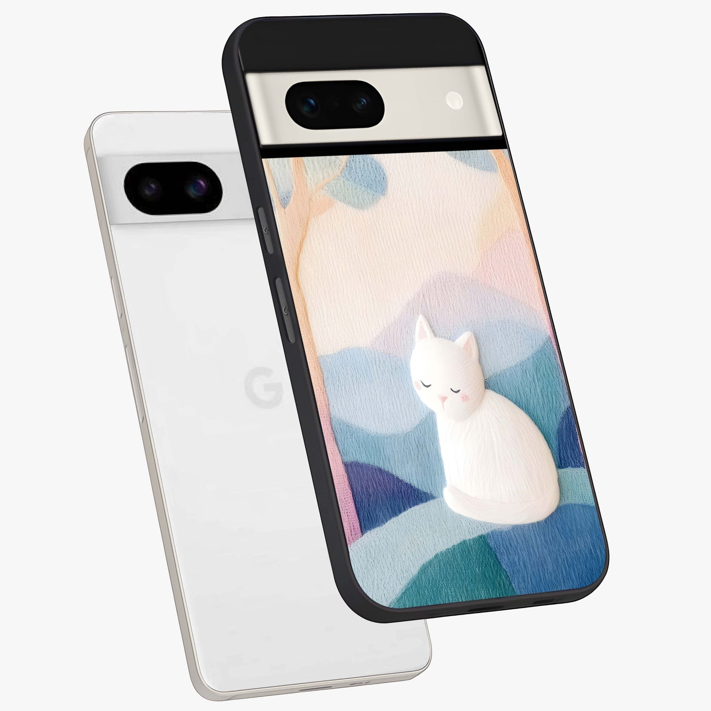 Cotton Dream Cat Glass Case displayed in angled mockup highlighting cute feline illustration with pastel aesthetic style.