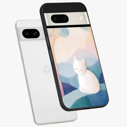 Cotton Dream Cat Glass Case displayed in angled mockup highlighting cute feline illustration with pastel aesthetic style.