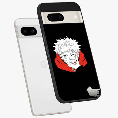Crimson Chaos Smile Glass Case displayed in angled mockup highlighting edgy crimson smile design with graphic aesthetic.