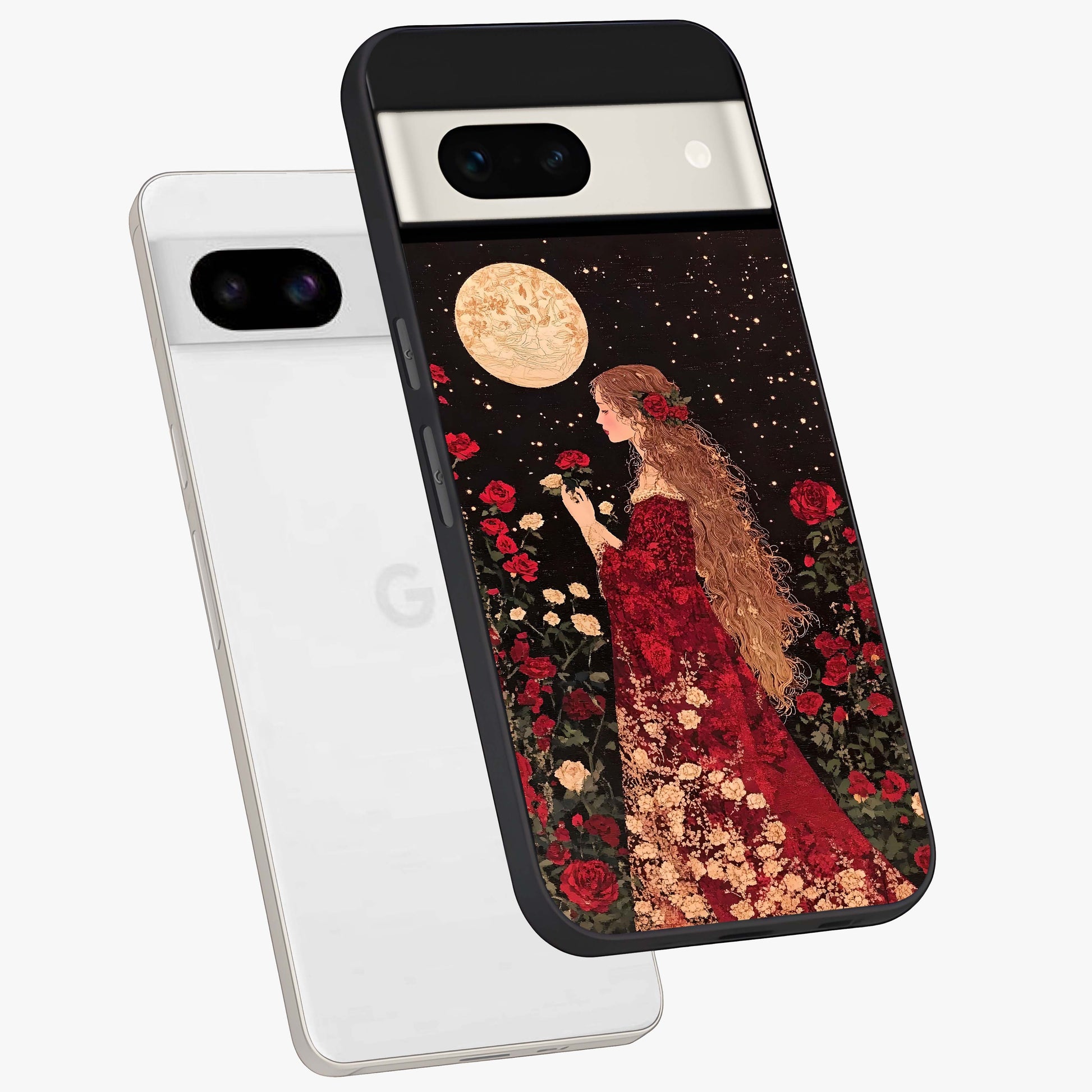 Crimson Dreams Glass Case displayed in angled mockup highlighting soft crimson aesthetic design with artistic theme.