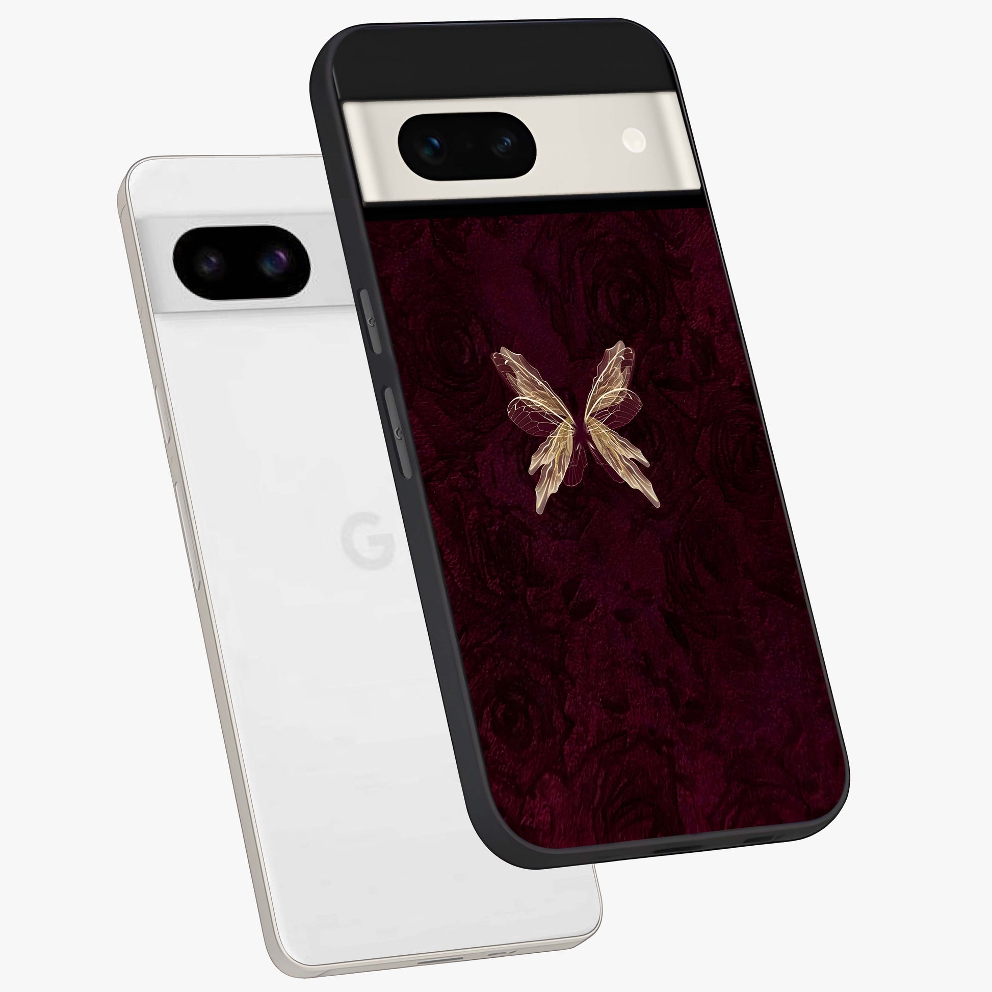 Crimson Fade Butterfly Glass Case displayed in angled mockup highlighting elegant butterfly design with crimson gradient aesthetic.