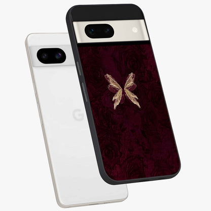 Crimson Fade Butterfly Glass Case displayed in angled mockup highlighting elegant butterfly design with crimson gradient aesthetic.