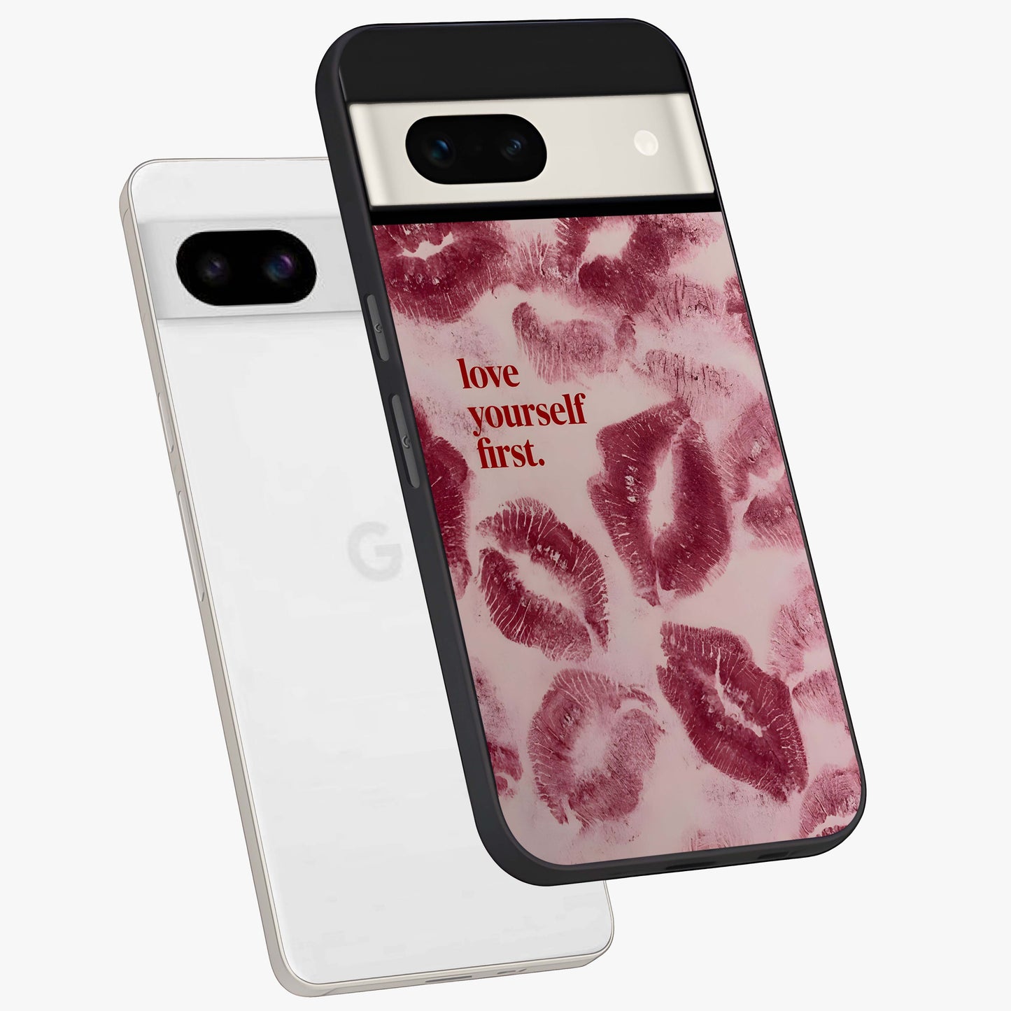 Crimson Kiss Love Glass Case displayed in angled mockup highlighting bold love inspired design with modern aesthetic style.