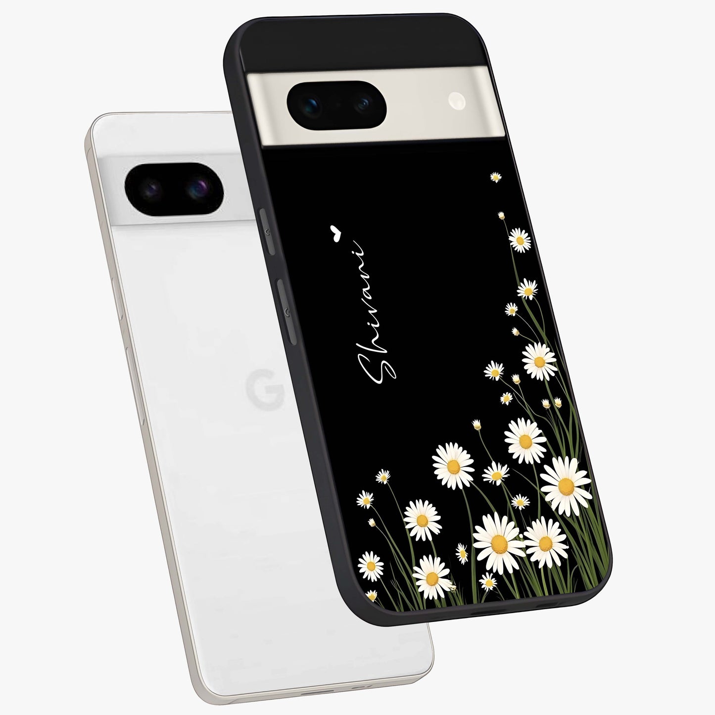Daisy Cascade Custom Name Glass Case displayed in angled mockup highlighting delicate daisy artwork with custom name feature.