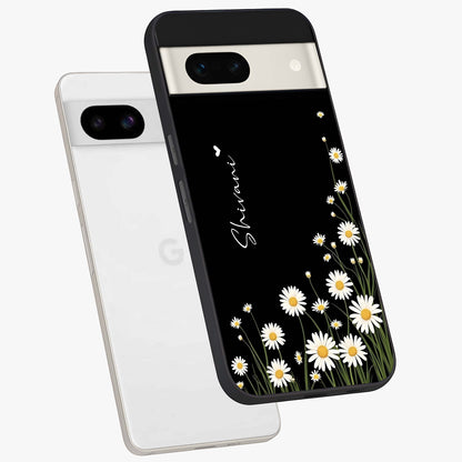 Daisy Cascade Custom Name Glass Case displayed in angled mockup highlighting delicate daisy artwork with custom name feature.