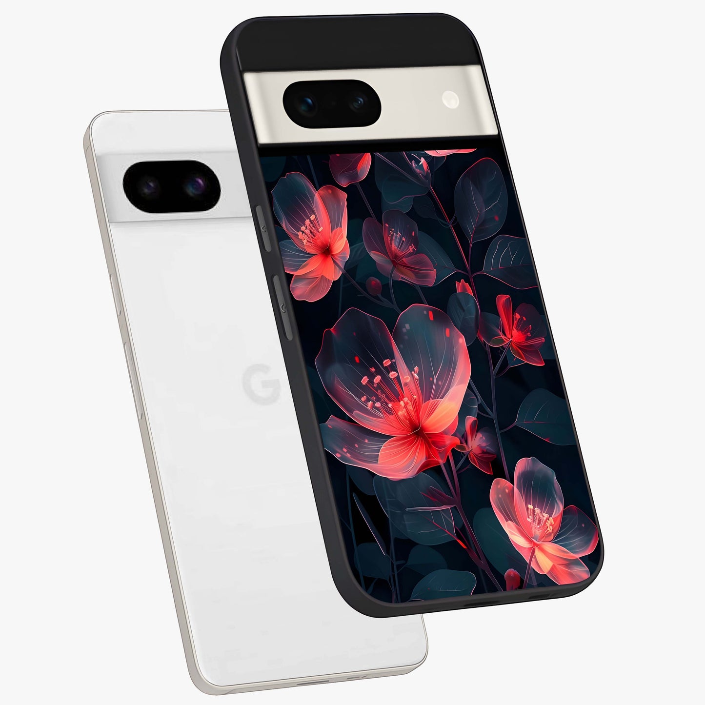 Dark Shade of Flower Glass Case displayed in angled mockup highlighting moody floral illustration with aesthetic dark tones.
