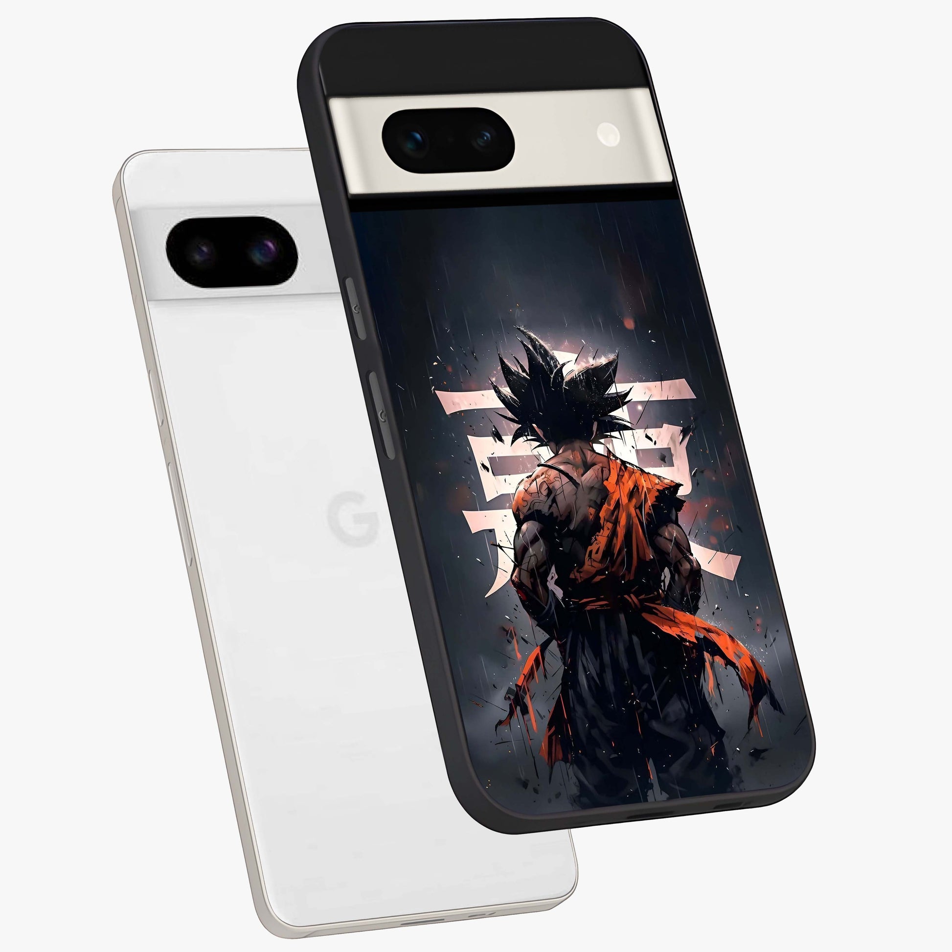 Dark Warrior In Rain Glass Case displayed in angled mockup highlighting dramatic warrior illustration with dark rain aesthetic.
