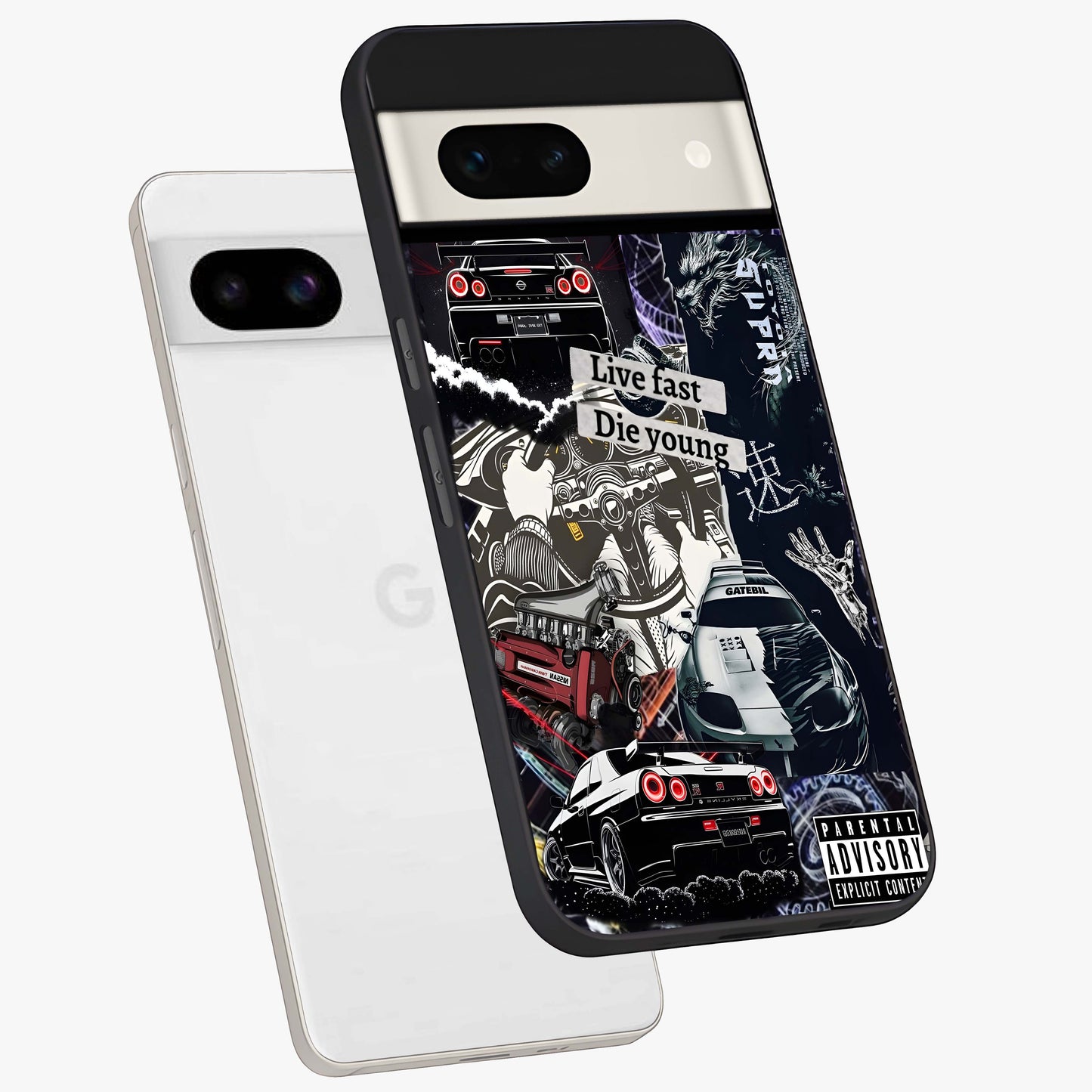Die Young Glass Case displayed in angled mockup highlighting expressive graphic artwork with edgy aesthetic style.