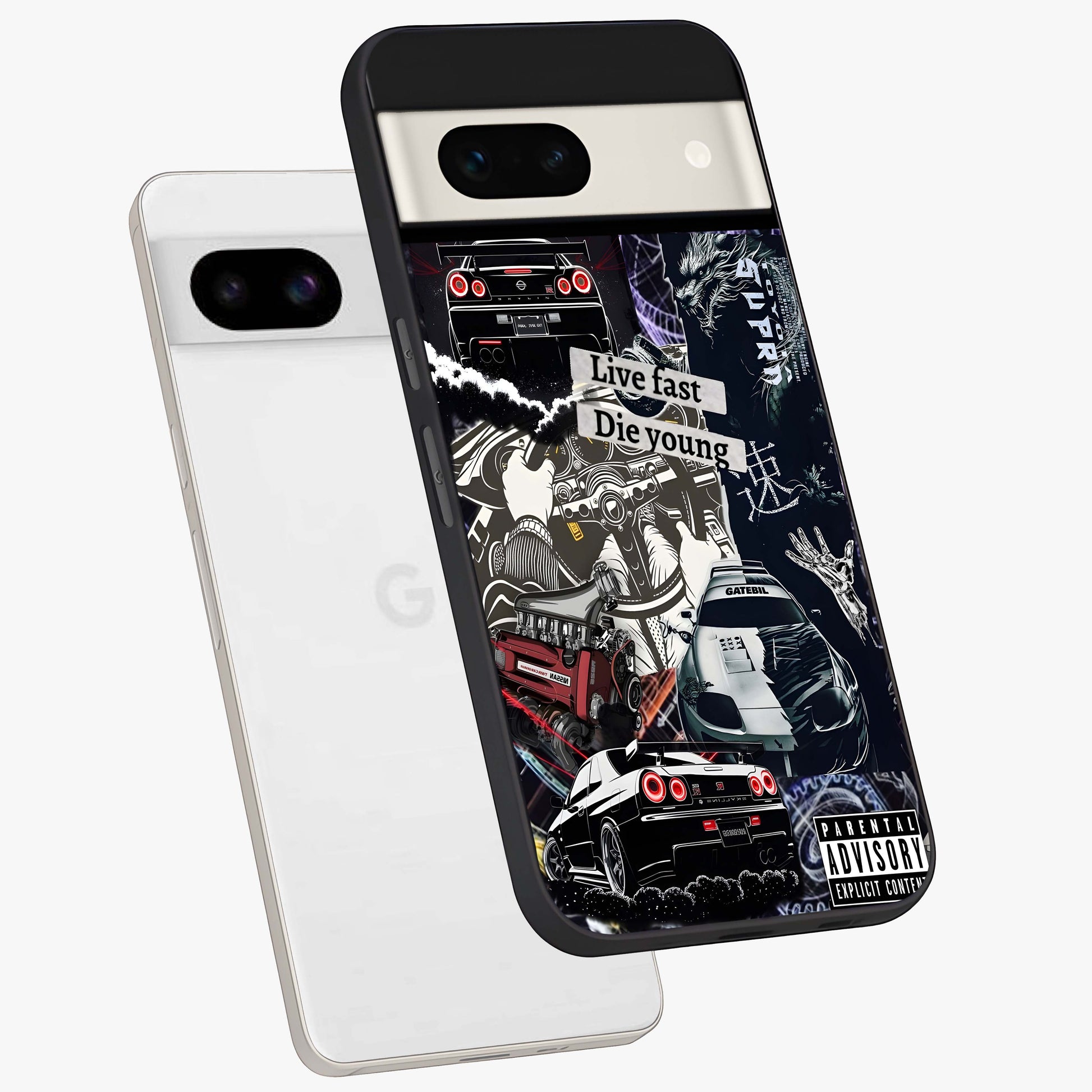 Die Young Glass Case displayed in angled mockup highlighting expressive graphic artwork with edgy aesthetic style.