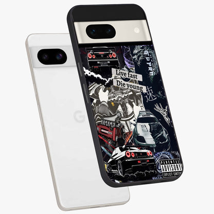 Die Young Glass Case displayed in angled mockup highlighting expressive graphic artwork with edgy aesthetic style.