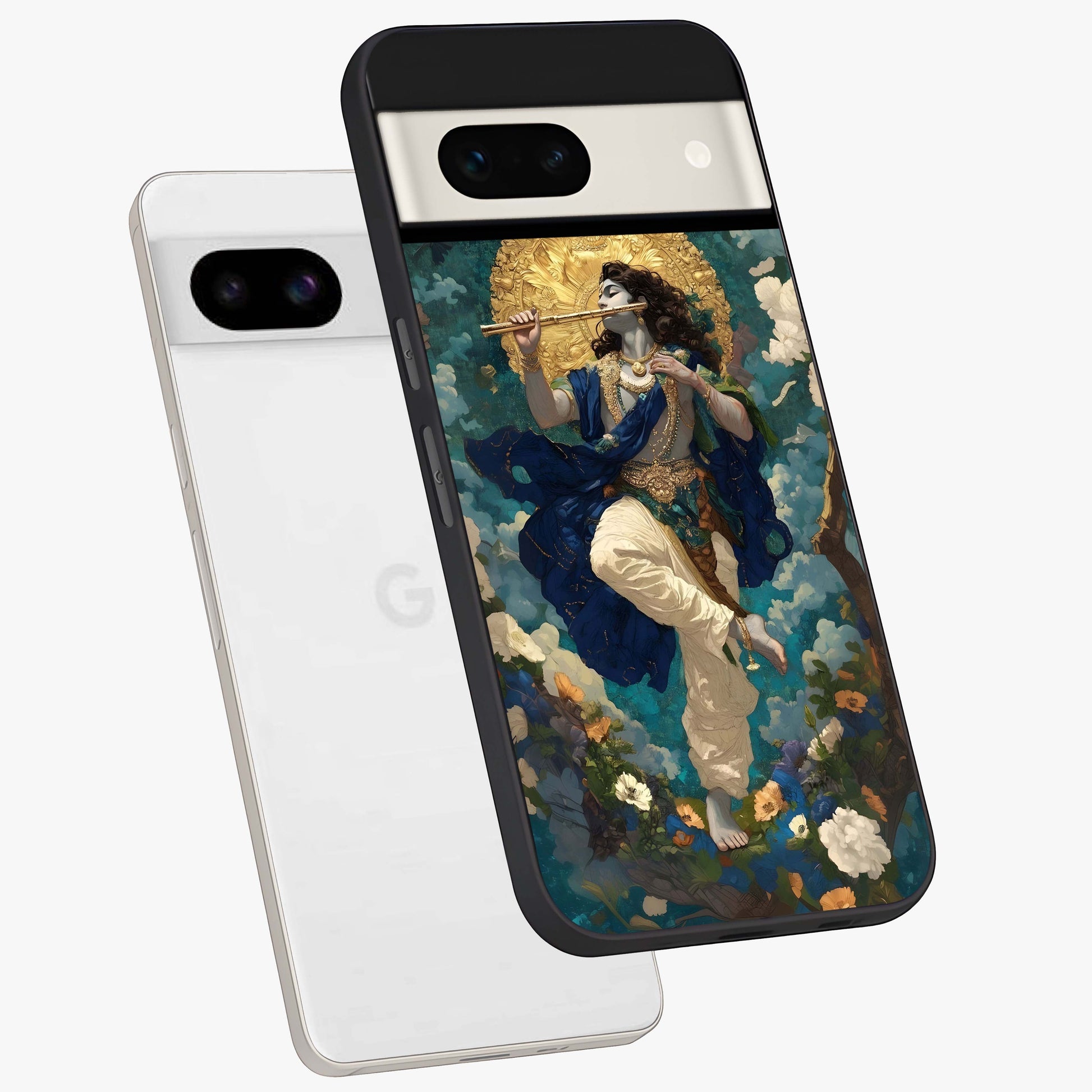 Divine Krishna Art Glass Case displayed in angled mockup highlighting spiritual Krishna illustration with devotional aesthetic.
