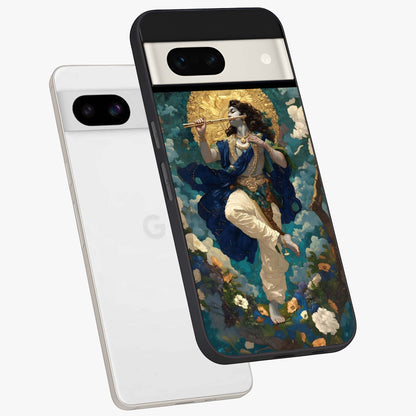 Divine Krishna Art Glass Case displayed in angled mockup highlighting spiritual Krishna illustration with devotional aesthetic.