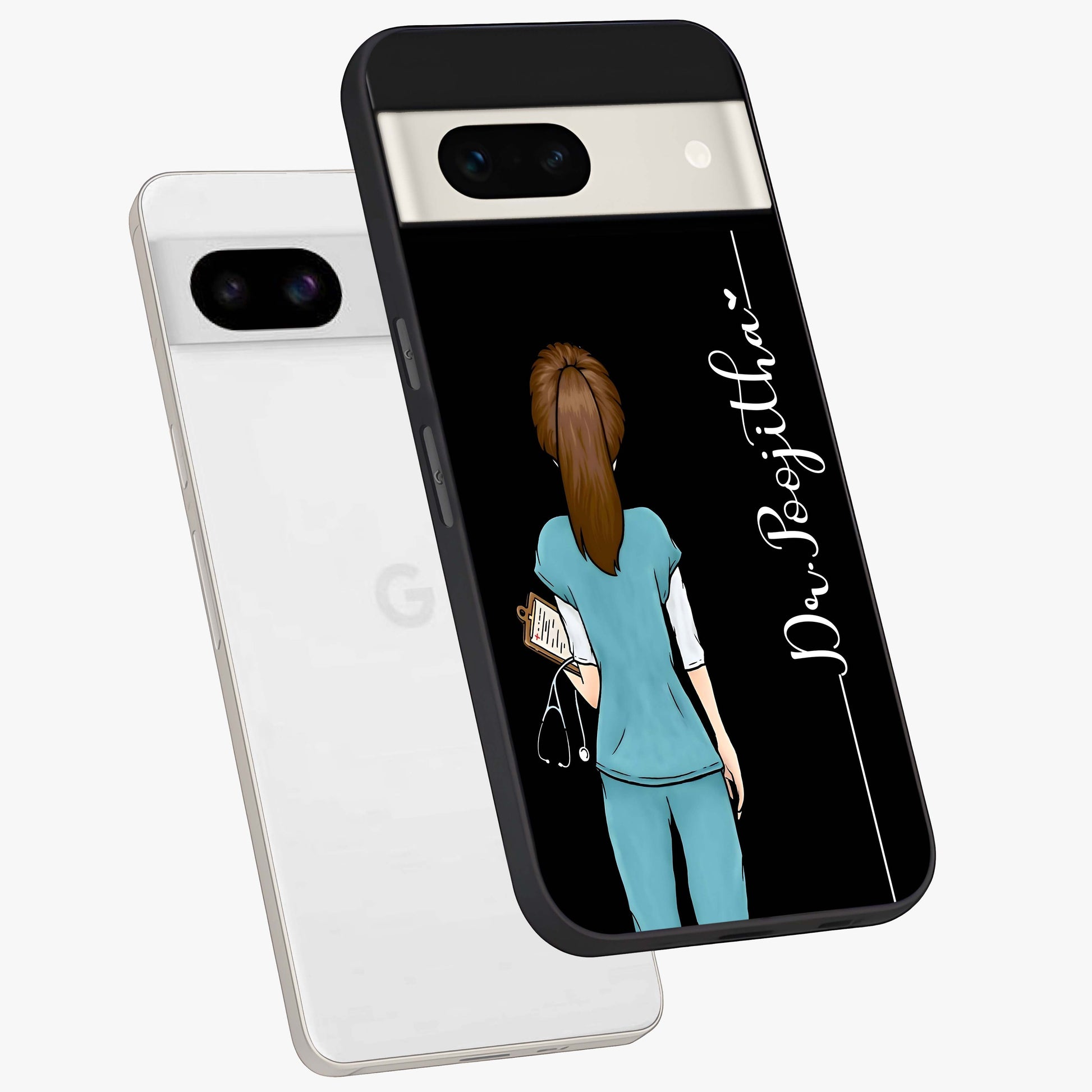 Doctor Pattern Custom Name Glass Case displayed in angled mockup highlighting doctor inspired artwork with custom name feature.