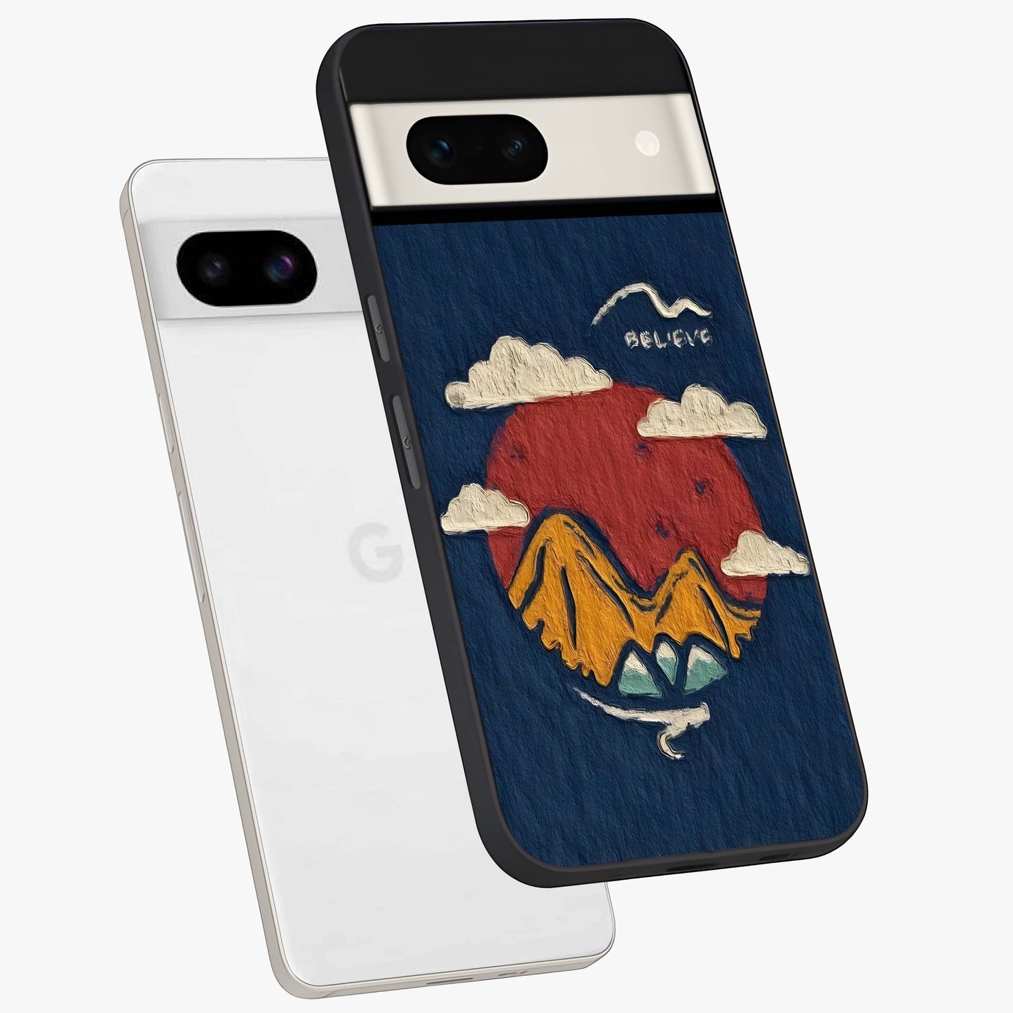 Dream Beyond Mountains Glass Case displayed in angled mockup highlighting dreamy mountain illustration with peaceful aesthetic.