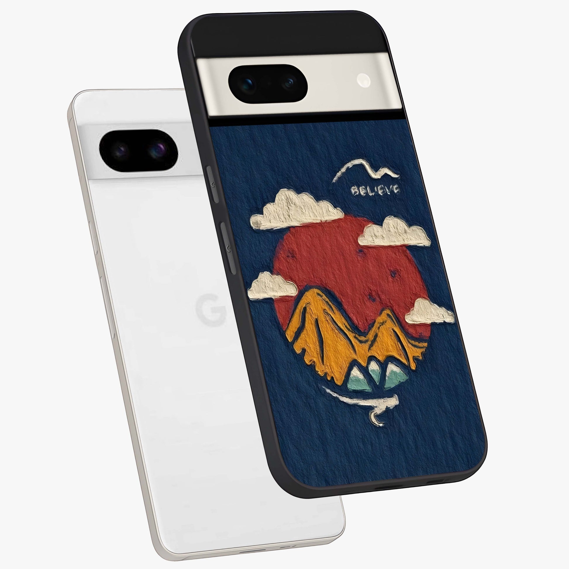Dream Beyond Mountains Glass Case displayed in angled mockup highlighting dreamy mountain illustration with peaceful aesthetic.
