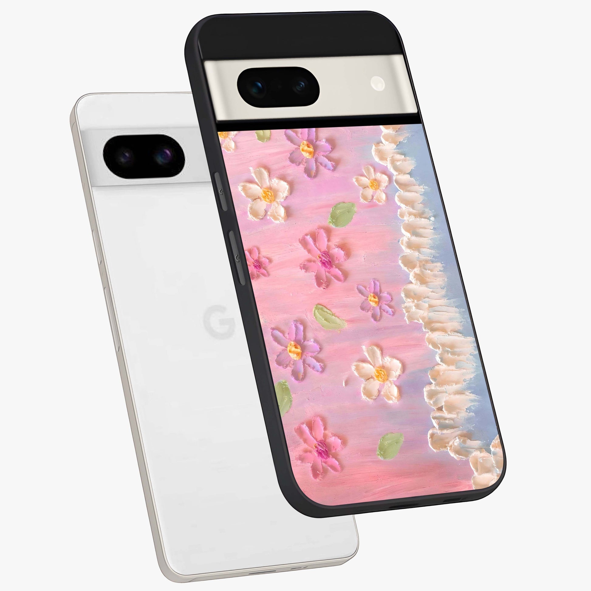 Dreamy Painted Garden Glass Case displayed in angled mockup highlighting colorful garden illustration with dreamy aesthetic style.