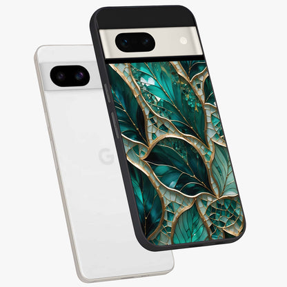 Emerald Leaf Glass Glass Case displayed in angled mockup highlighting botanical leaf illustration with elegant natural aesthetic.