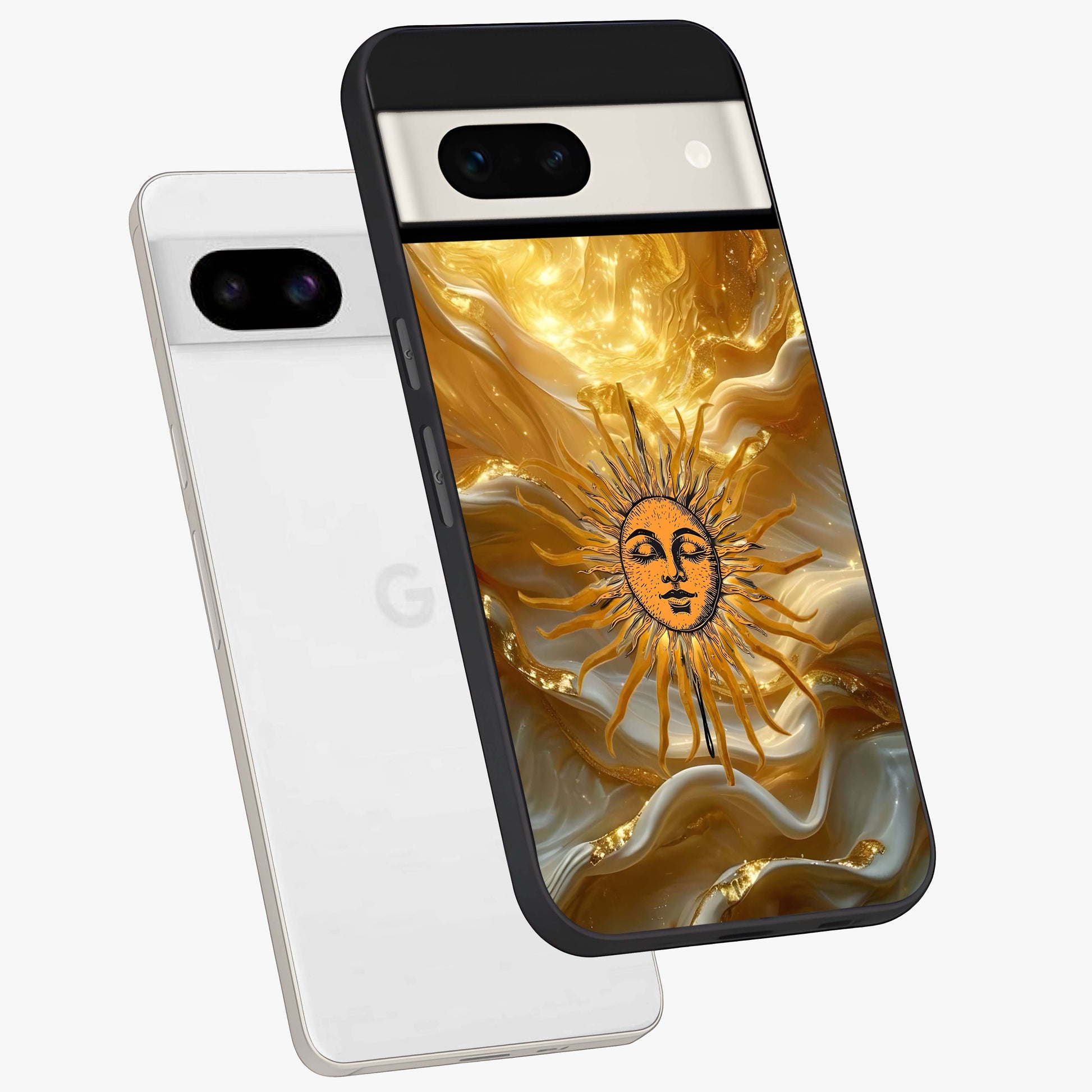 Eternal Golden Glow Glass Case displayed in angled mockup highlighting glowing golden aesthetic design with elegant style.