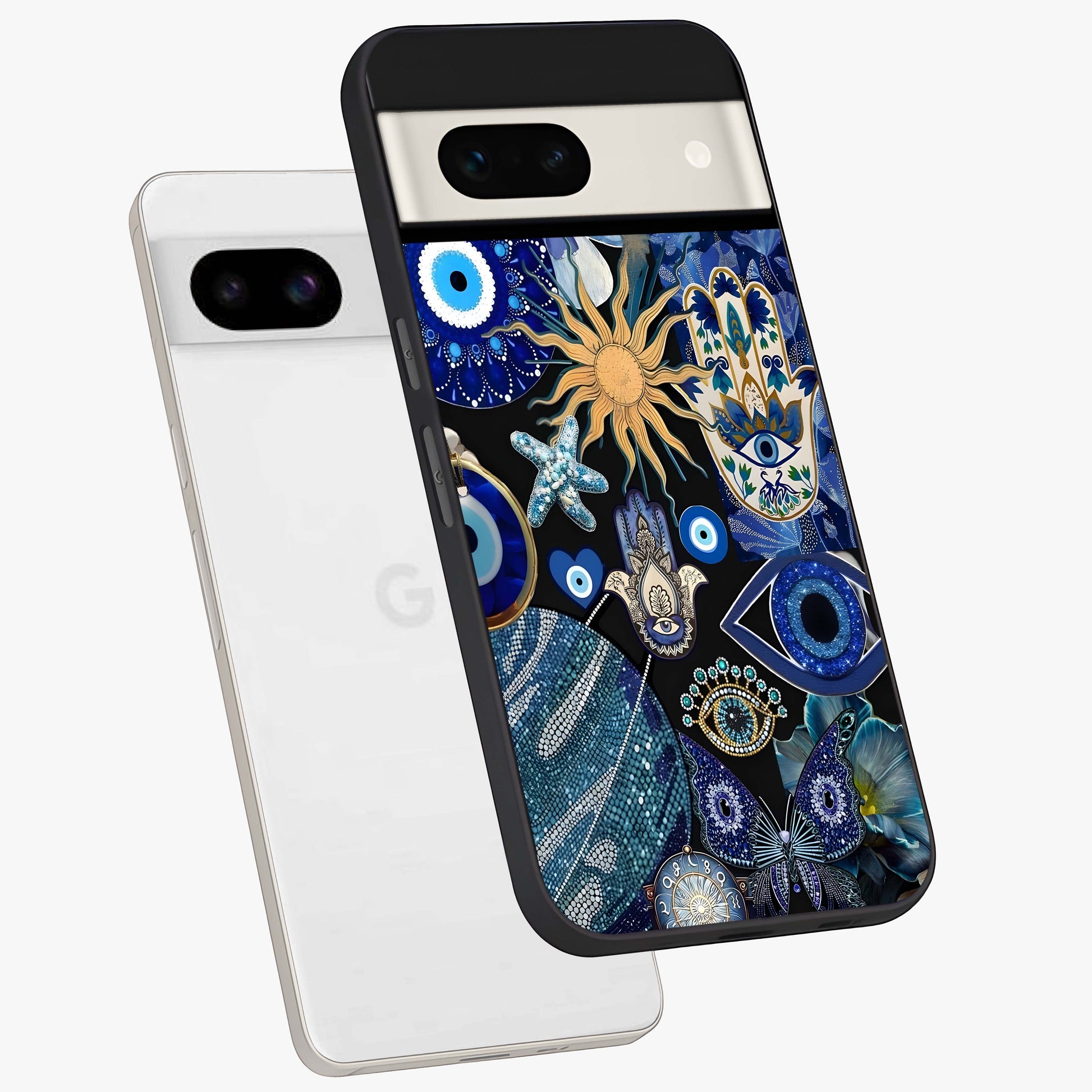 Evil Eye Charm Mix Glass Case displayed in angled mockup highlighting protective evil eye symbols with spiritual aesthetic design.