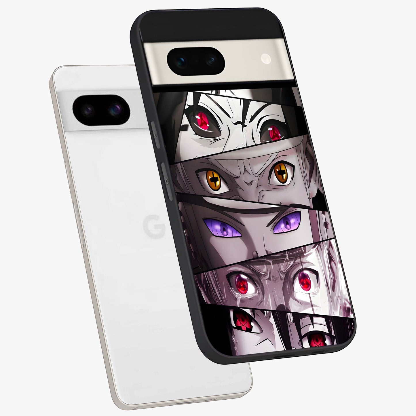 Eyes of Destiny Glass Case displayed in angled mockup highlighting bold eye illustration with mystical aesthetic style.