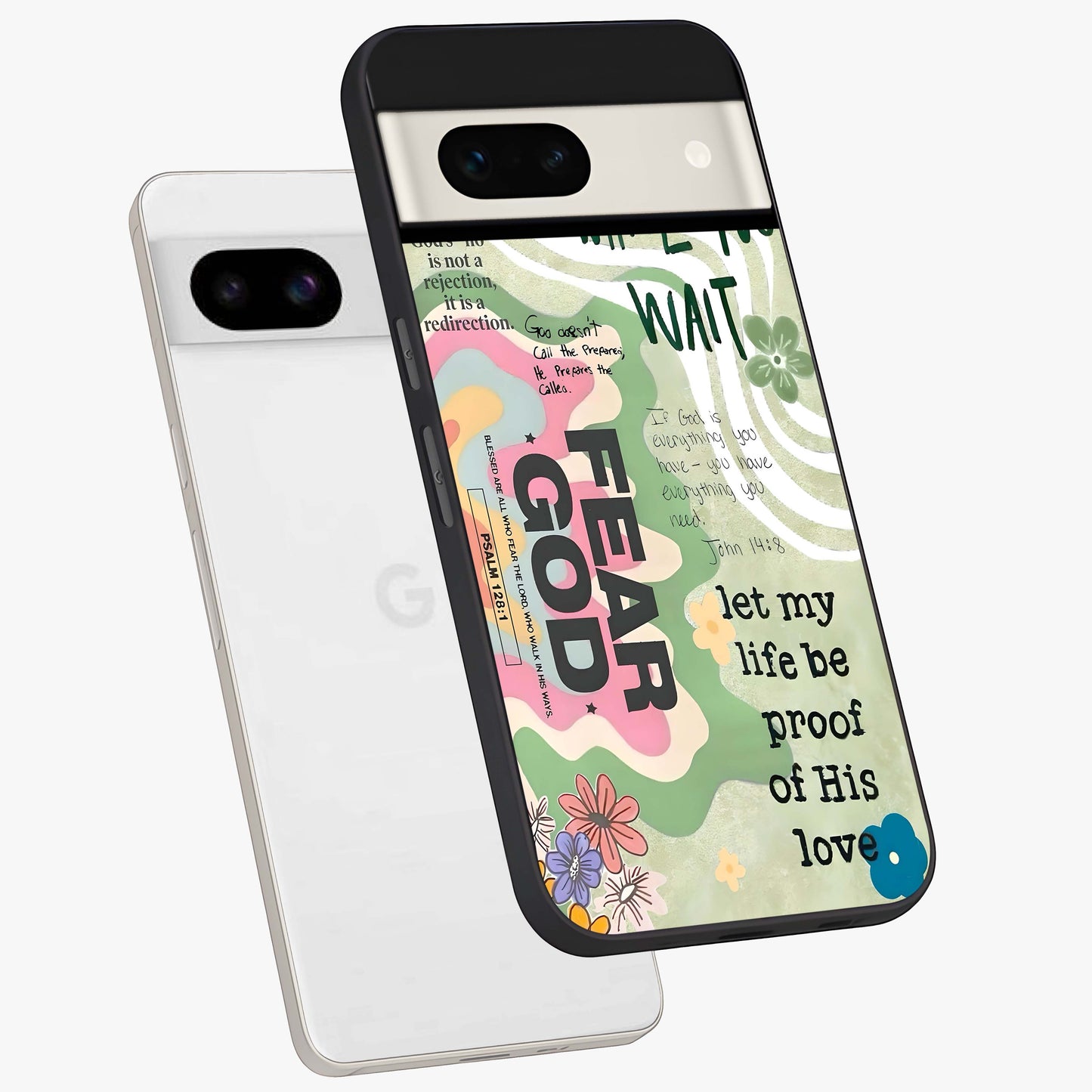 Faith Over Fear Glass Case displayed in angled mockup highlighting inspirational message design with modern aesthetic style.