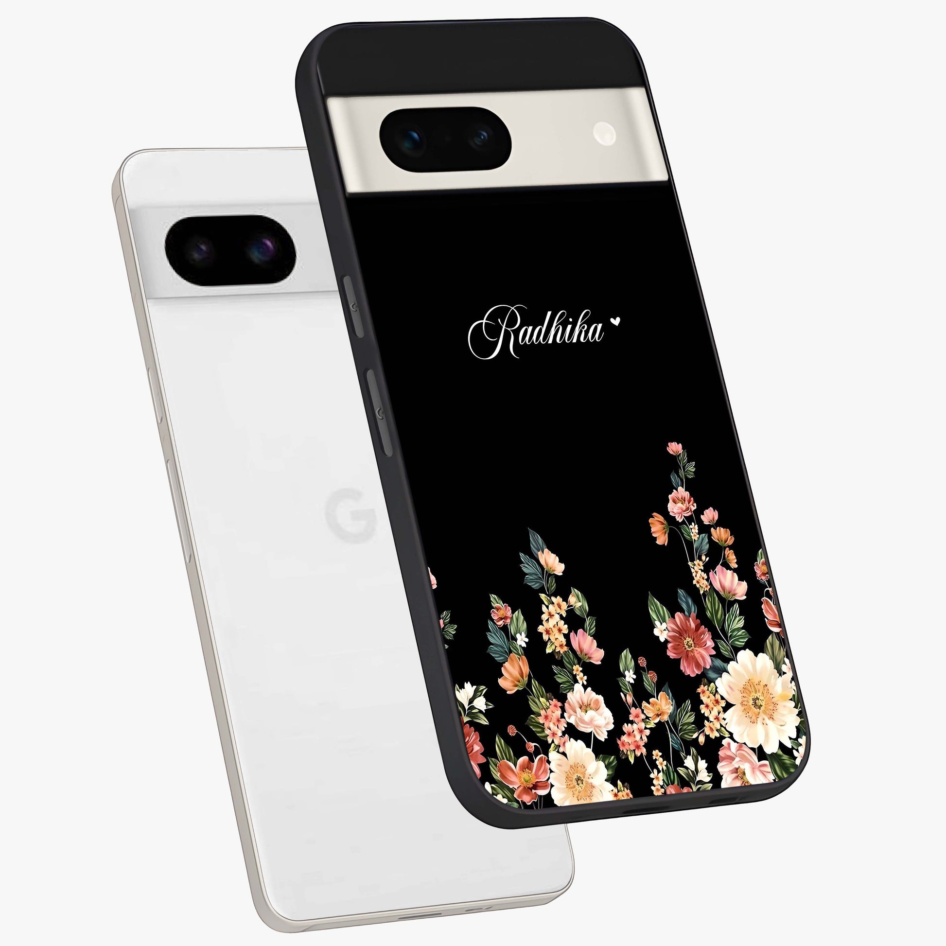 Floral Design With a Custom Personalized Name Glass Case displayed in angled mockup highlighting elegant floral pattern with custom name feature.