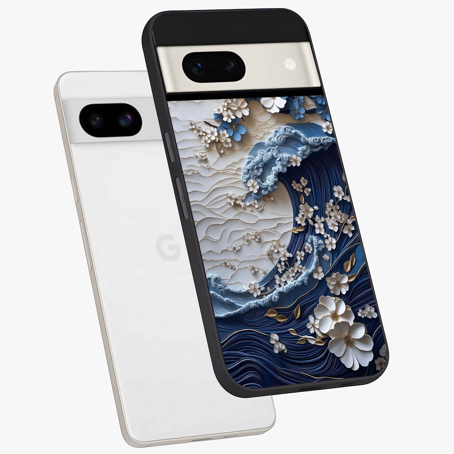 Floral Wave Origami Glass Case displayed in angled mockup highlighting geometric origami flower design with modern aesthetic style.