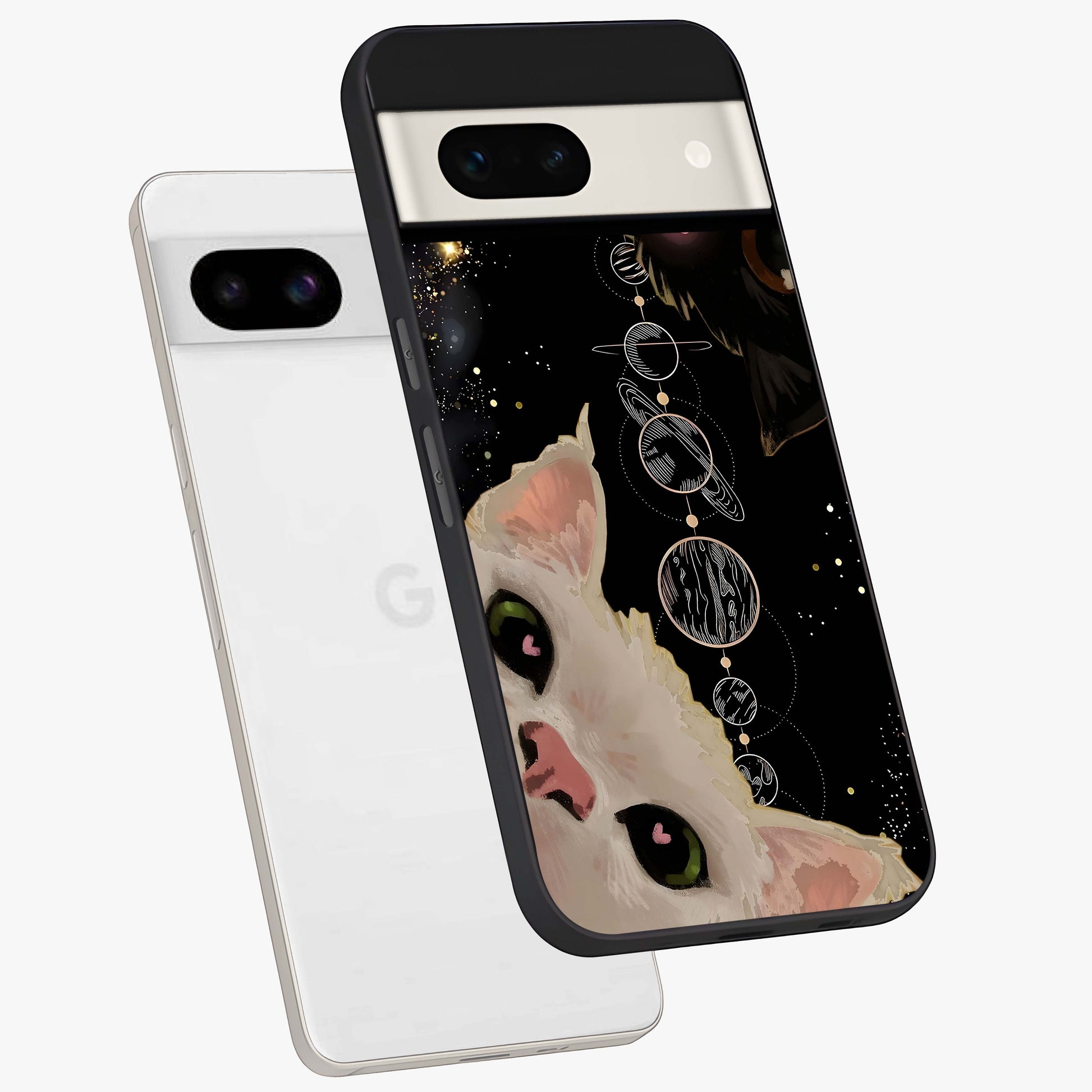 Galactic Cat Glass Case displayed in angled mockup highlighting celestial feline illustration with galaxy aesthetic style.