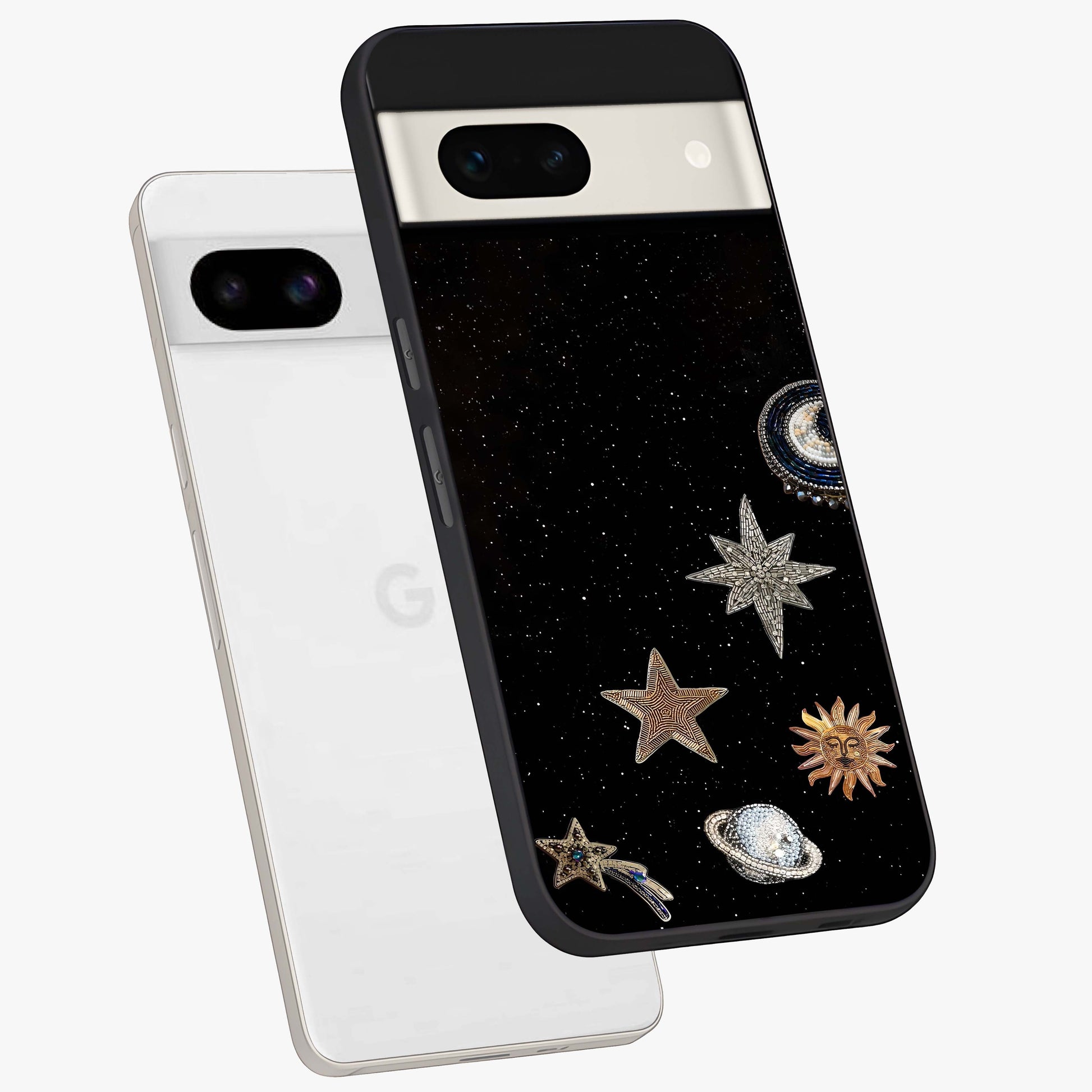 Galactic Charm Glow Glass Case displayed in angled mockup highlighting luminous galaxy inspired design with dreamy aesthetic.