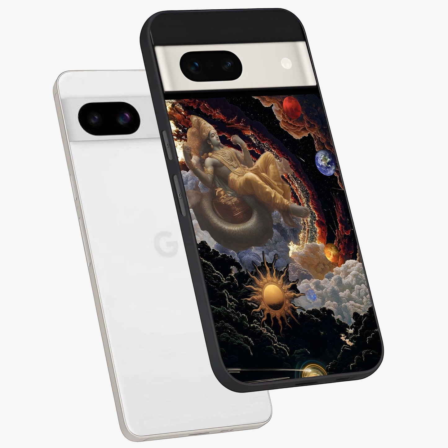 Galactic Divine God Glass Case displayed in angled mockup highlighting powerful celestial deity illustration with galactic aesthetic.