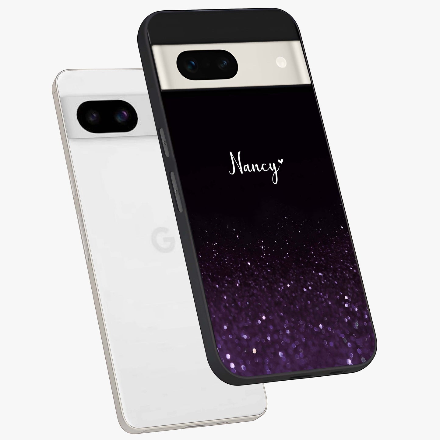 Glittery Purple Bokeh Custom Name Glass Case displayed in angled mockup highlighting glitter bokeh pattern with custom name feature.