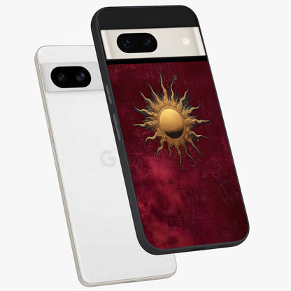 Golden Sun Minimalism Glass Case displayed in angled mockup highlighting clean sun symbol design with modern minimal aesthetic.