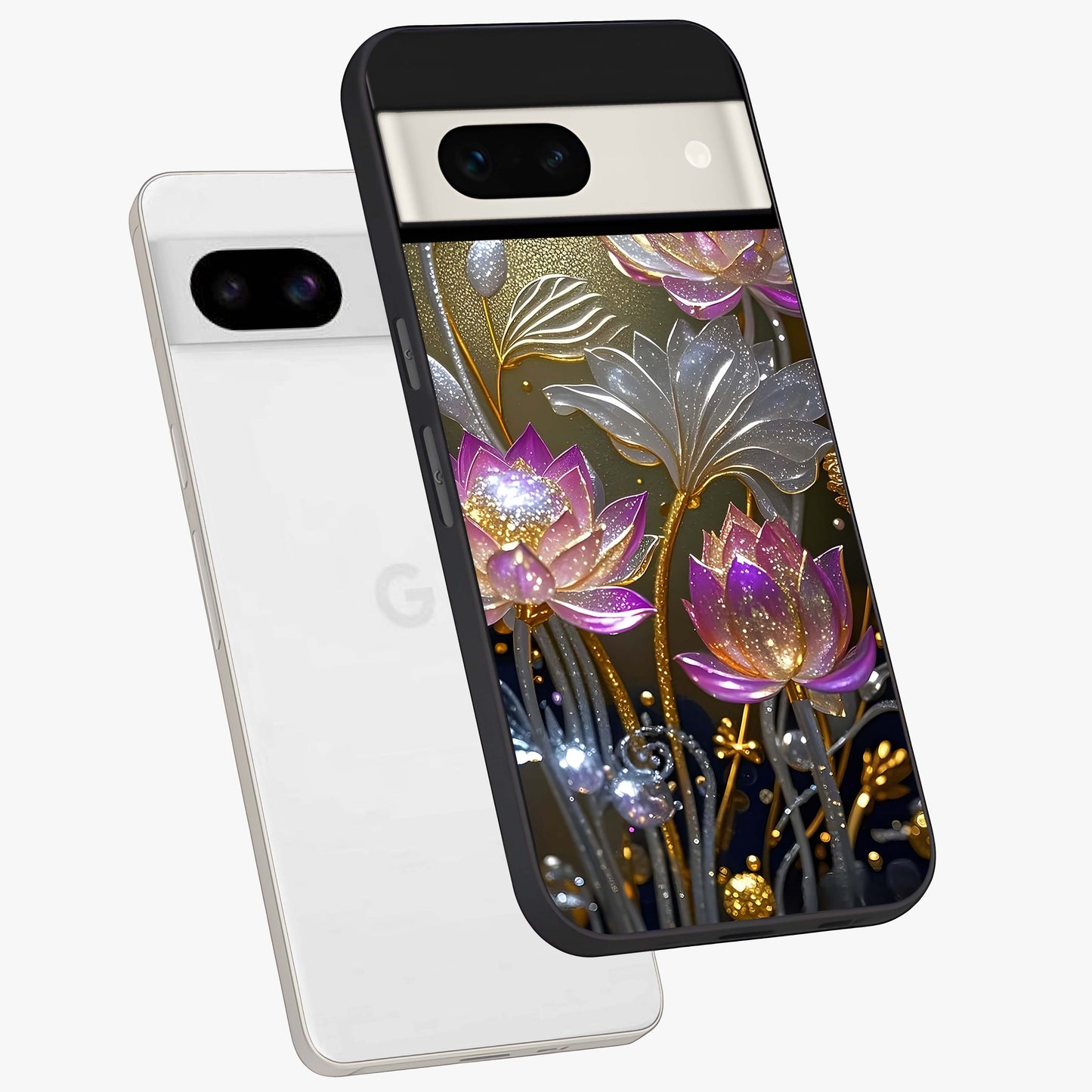 Golden Floral Majesty Glass Case displayed in angled mockup highlighting elegant flower design with royal golden aesthetic.