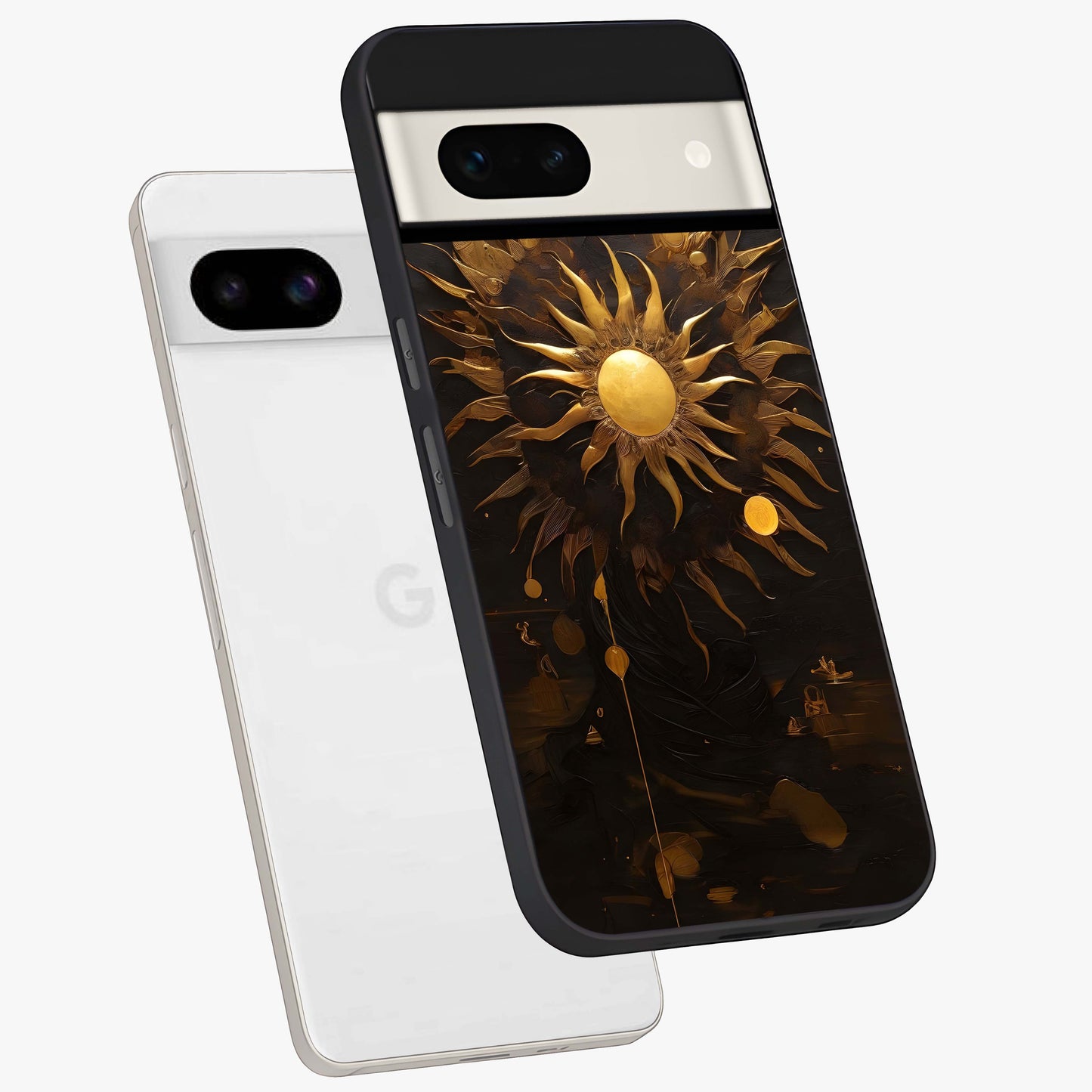 Golden Sun Majesty Glass Case displayed in angled mockup highlighting eerie shadow illustration with gothic aesthetic.