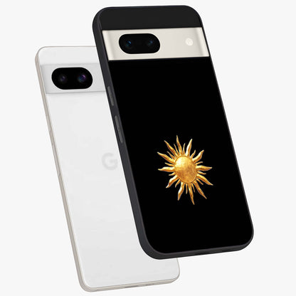 Golden Sun Minimalism Glass Case displayed in angled mockup highlighting eerie shadow illustration with gothic aesthetic.